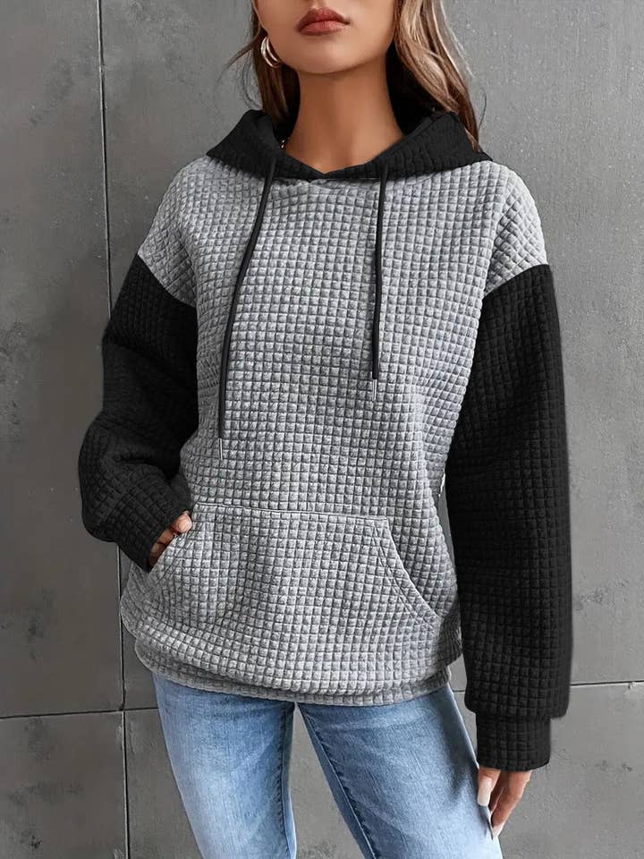 Loose Contrast Textured Pocket Hooded Sweatshirt