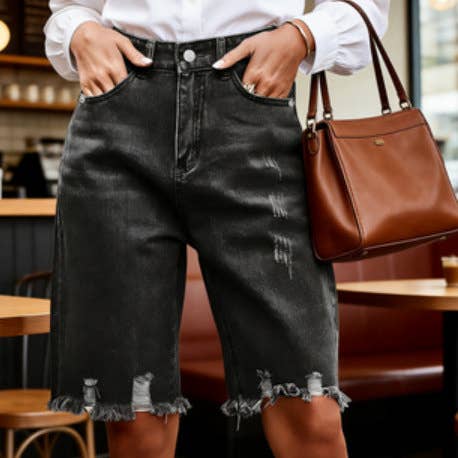 Women Ripped Denim Frayed Tassel Knee Length Shorts