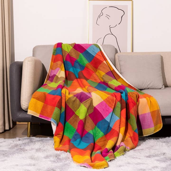 Colourful Plaid Checker Fluffy Fleece Sofa Throw Blanket