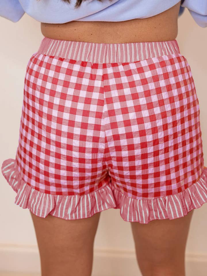 Gingham Print Ruffle Striped Detail Lace Tie Shorts