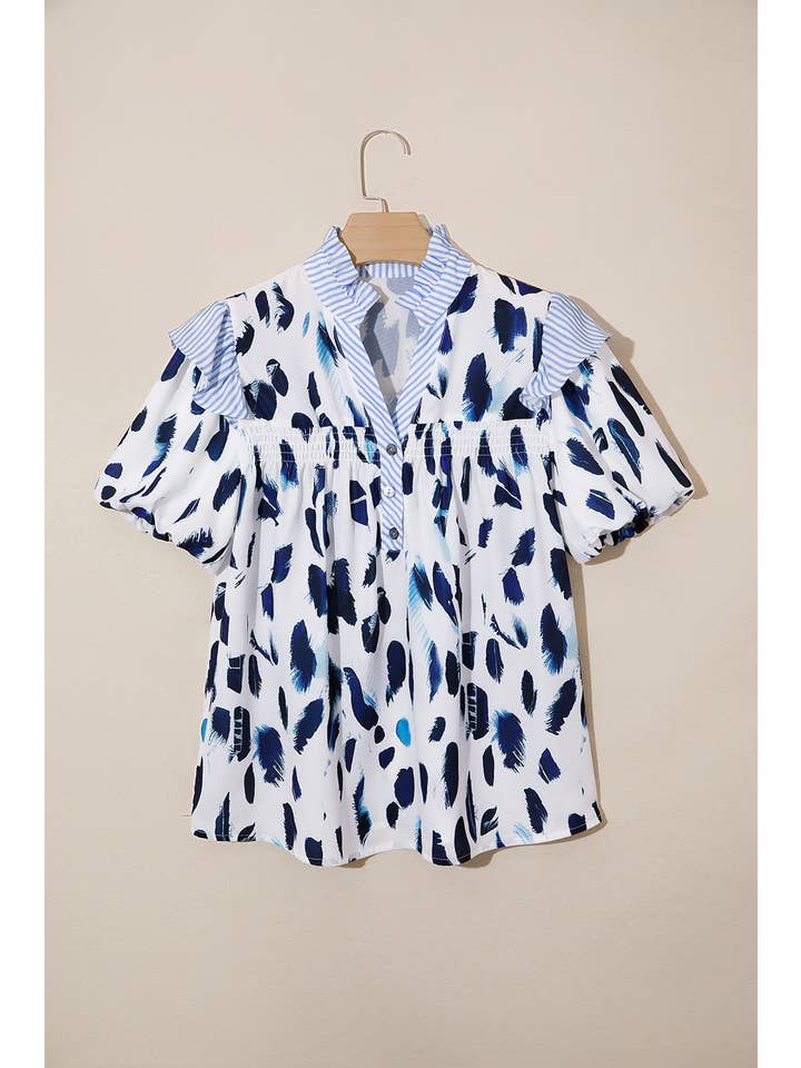 Ldc Abstract Animal Print Striped Ruffle Trim V Neck Blouse