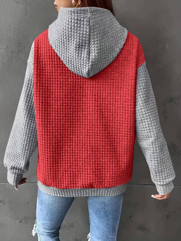 Loose Contrast Textured Pocket Hooded Sweatshirt