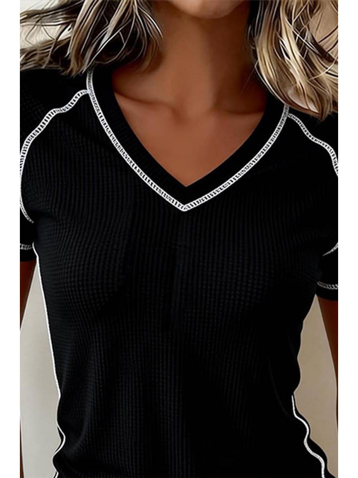 Waffle Textured Contrast Trim V Neck Tee (S-Xl)