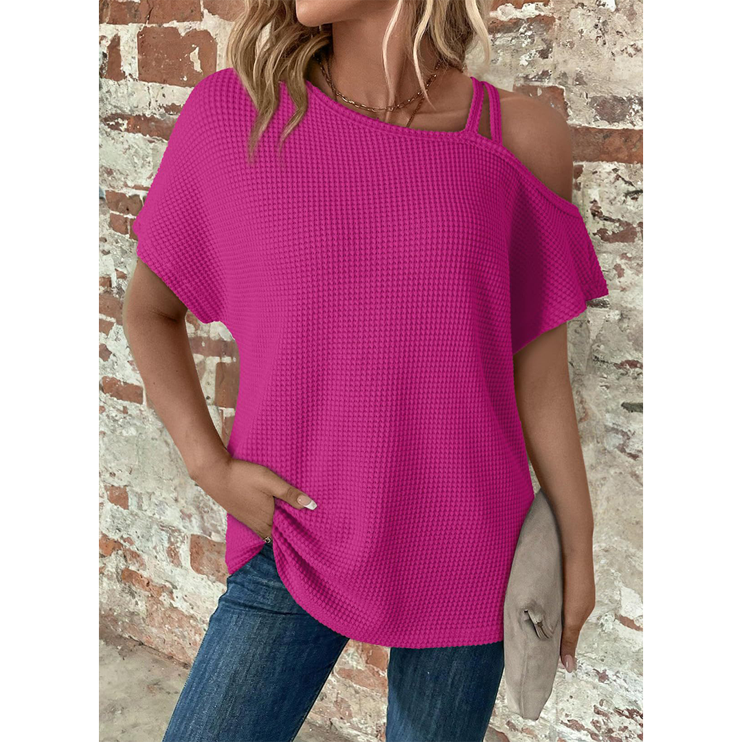Short Sleeve Color Versatile Off-Shoulder Knit Top AXY048