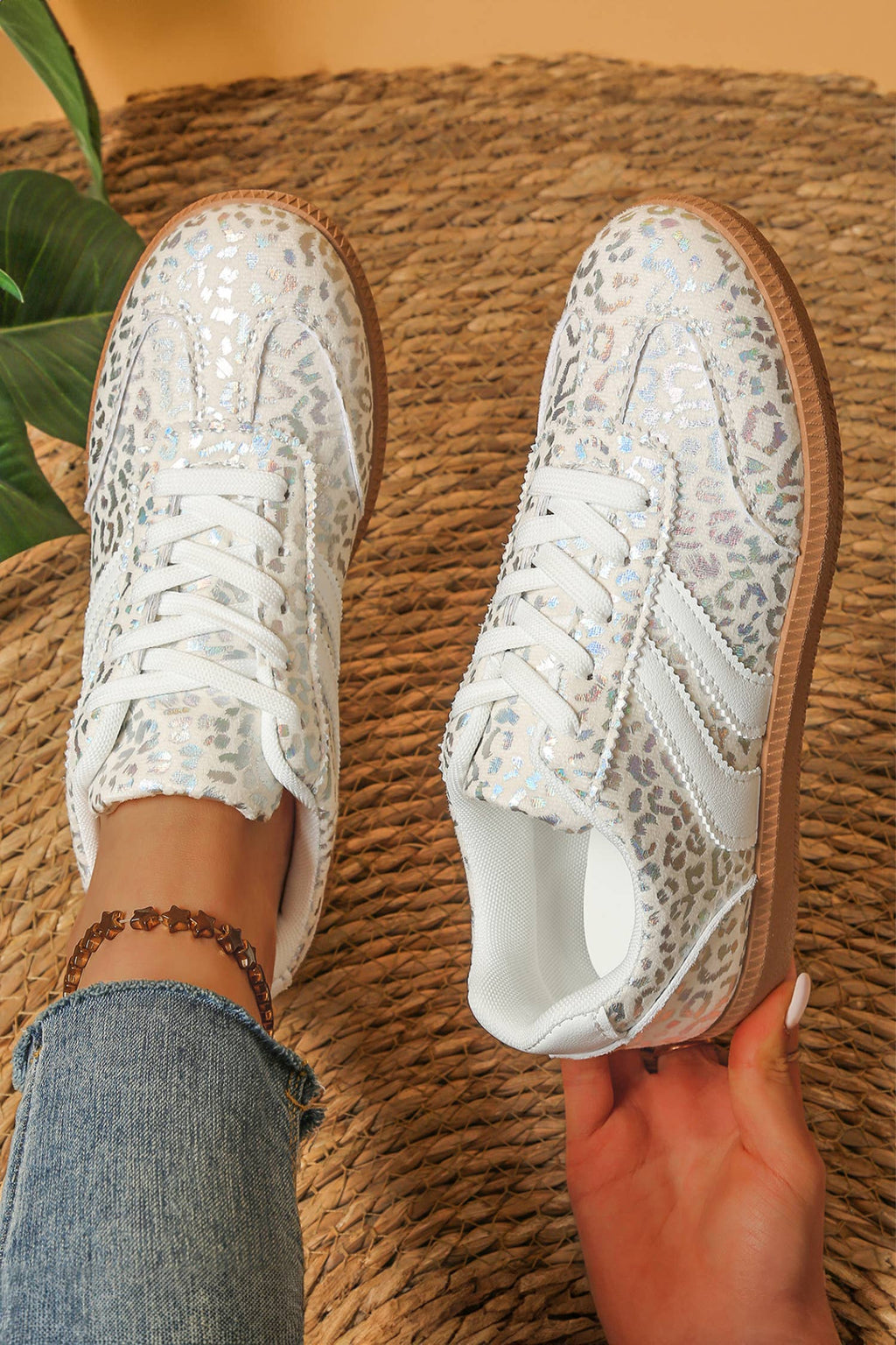 Ldc Leather Detail Shimmer Leopard Printed Lace-Up Sneakers
